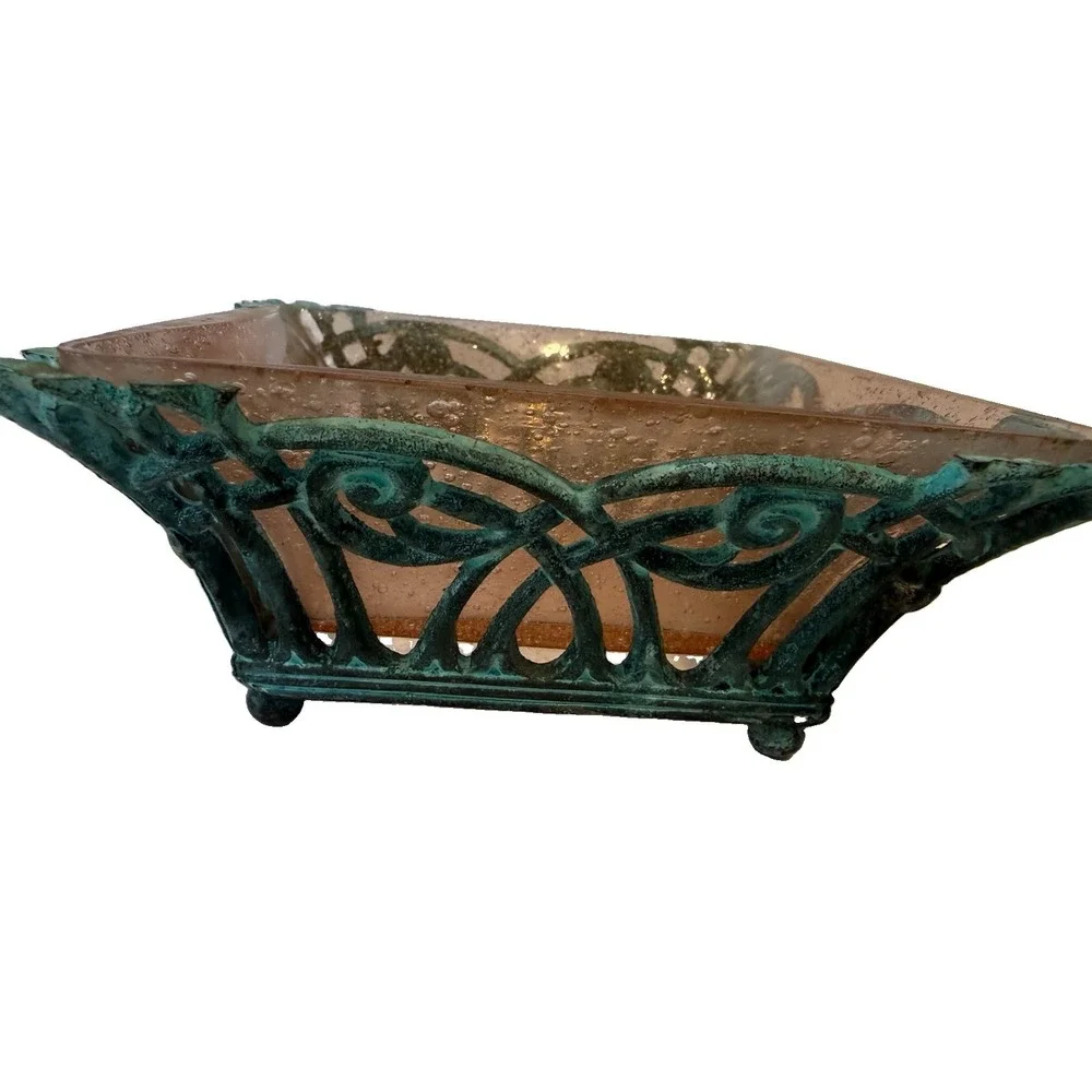 1987 Terragrafics Art Nouveau Verdigris Footed Bowl w Pink Seeded Glass Insert